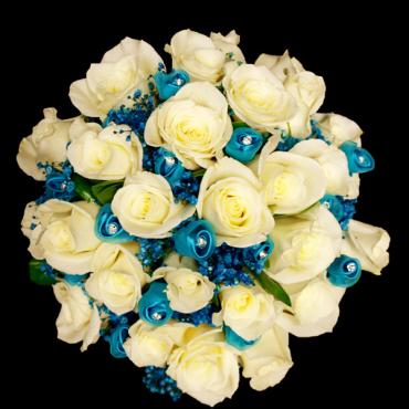 Ivory Roses with Blue Rosettes