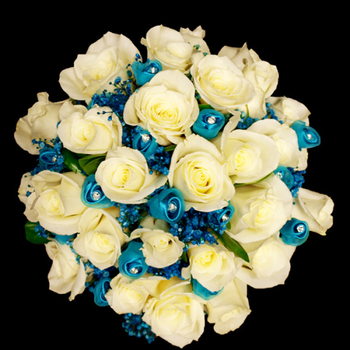 Ivory Roses with Blue Rosettes